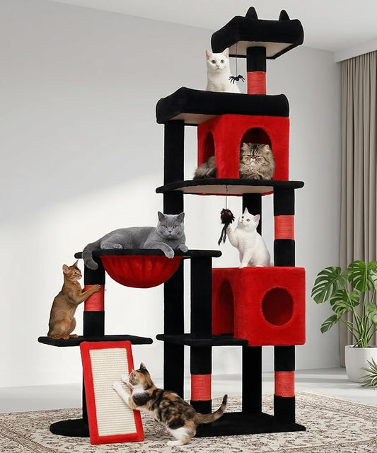 68 Inches Heavy Duty Cat Tree for Indoor Cat, Big Cat Tower with Sisal Scratching Posts and Top Perch, Large Platform for Adult Cats, PMT02RD, Black Red