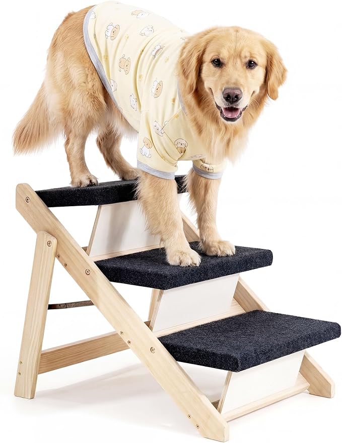MEWANG Wood Pet Stairs & Ramp for Small/Medium Dogs and Cats, Aging Pets – 3-in-1 Foldable, Portable, Non-Slip Pet Ladder for Tall Beds, Couches,Cars–Holds Up to 220 lbs (24.8" L x 17.2" W x 19.5" H)