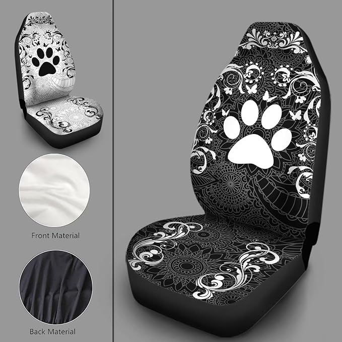 Car Front Seat Covers Full Set of 2, Boho Floral Paw Print Stretchy Waterproof Automotive Interior Accessories Universal Fit Most Vehicles