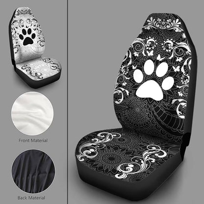Car Front Seat Covers Full Set of 2, Boho Floral Paw Print Stretchy Waterproof Automotive Interior Accessories Universal Fit Most Vehicles