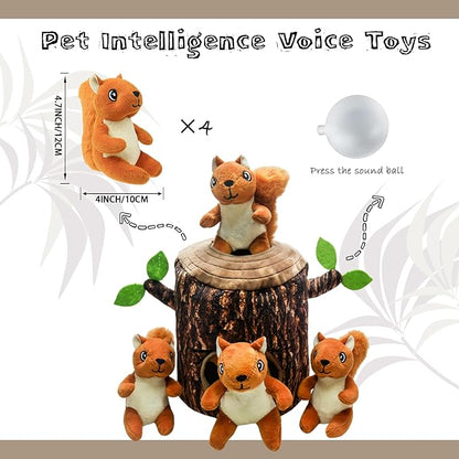 Hide and Seek Dog Toys Squeaky Squirrel Plush Toy with Crinkle Trunk, Interactive Dog Toy to Keep Them Busy Pet Chew Toys for Small & Medium Dogs (Tree Trunk Hideout with 4 Squirrel)
