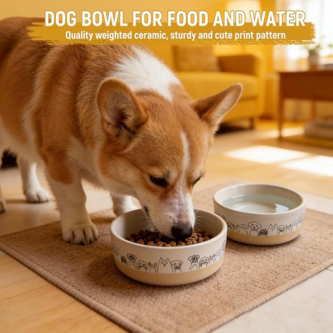 Ceramic Dog Bowls Set of 2，6.1inch Wide Dog Food Bowl with Cute Patterns Printing for Small Medium and Large Breed Dogs,Weighted Pet Feeding Dishes for Food and Water Dishwasher Safe