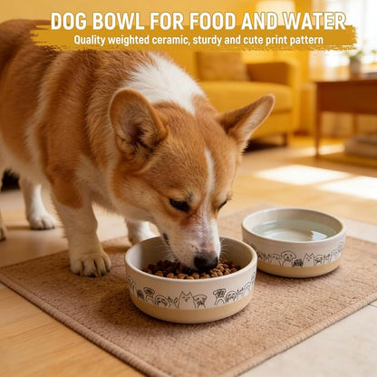 Elevated Ceramic Dog Bowls with Wooden Stand，6.1inch Raised Dog Bowls with Cute Pattern for Small and Medium Breed Dogs,2 Pack Dogs Food and Water Bowl Set,Weighted Pet Dishes Dishwasher Safe