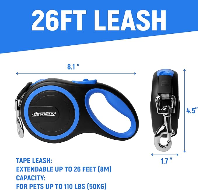 26 FT Retractable Dog Leash with No Tangle, Heavy Duty Great Leash for Dog up to 110lbs, One-Handed Brake, with Non-Slip Handle, Strong Nylon Tape for Small, Medium and Large Dogs