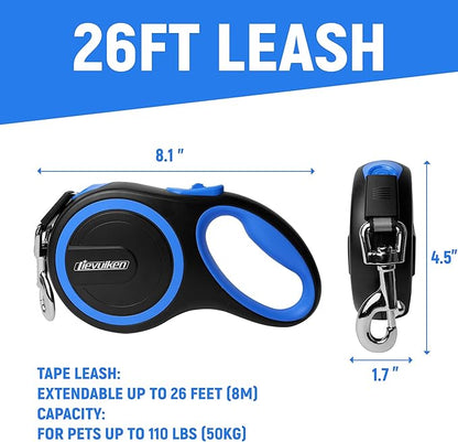 26 FT Retractable Dog Leash with No Tangle, Heavy Duty Great Leash for Dog up to 110lbs, One-Handed Brake, with Non-Slip Handle, Strong Nylon Tape for Small, Medium and Large Dogs