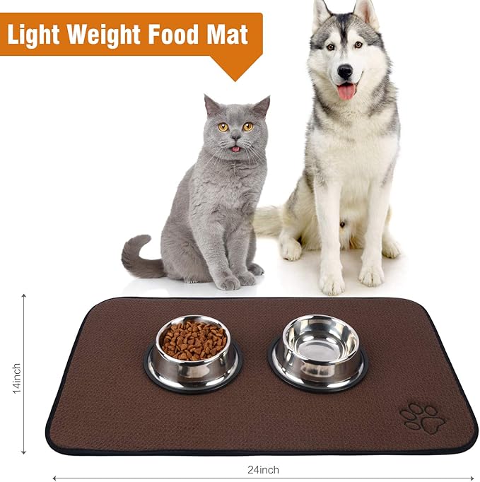 Sinland Microfiber Pet Bowl Food Mat Dish Drying Mat with Anti-Skid Backing 14 Inch x 24 Inch Brown