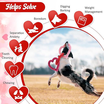 Leitee Valentine‘s Day Chew Toys Heart Interlocking Dog Rope Toy Heart Pet Chew Rope Puppy Throwing Toy Gifts Cotton Chewing Supplies for Small and Medium Dogs