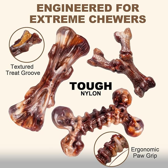 3-Pack Indestructible Dog Toys for Aggressive Chewers, Bacon Flavored Tough Nylon Bones for Medium Large Dogs (25-90 lbs), Heavy Duty Power Chew Toys, Super Big Dog Toys (Brown)