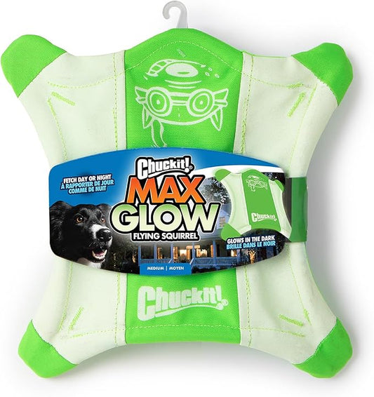 Chuckit! Flying Glow Squirrel Fetch Dog Toy, (10.5 Inch Length), Glow in the Dark Dog Toy, Pack of 1, Size Medium, for All Breeds and Sizes