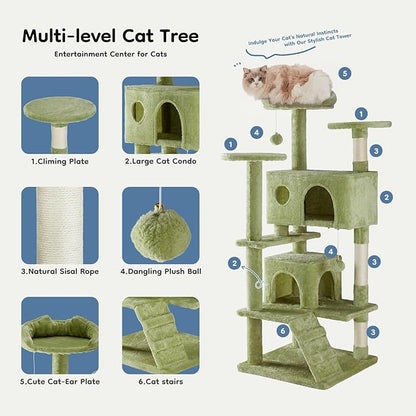 DUMOS 54-inch Indoor Cat Tree Tower –Multi-Level Pet House for Large Cats with 2 Condos, Scratching Posts, Round Platform, Small Ladder, and Toys, Green