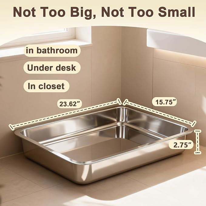 Low Entry Stainless Steel Cat Litter Box for Senior Cats, Extra Large Metal Shallow Litter Box, Easy Access Kitty Litter Pan, Easy Cleaning -23.62'' Lx 15.75'' W x 2.76'' H