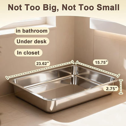 Low Entry Stainless Steel Cat Litter Box for Senior Cats, Extra Large Metal Shallow Litter Box, Easy Access Kitty Litter Pan, Easy Cleaning -23.62'' Lx 15.75'' W x 2.76'' H