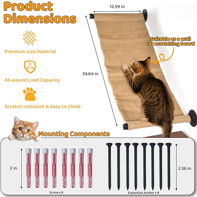 Cat Wall Shelves Scratcher Mat Scratcher 34.64 x 12.59 Inch, Climbable Burlap Scratch Pad for Cats Space-Saving & Playing, Climbing & Resting Stabilized Cat Wall Hammock Large Cats or Kittens