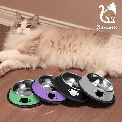 Serentive 2 Pcs Non-Slip Stainless Steel Small Food Bowls - Unbreakable, Thicken Cat Feeder, 7 Oz Dishes - Suitable for Indoor Small Pets - Removable Rubber Base, Easily Clean, Lovely Color