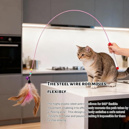 Cat Feather Wand Toy - Steel Wire Feather Interactive Cat Stick Training - Beads Bells Kitten Wand Toys Pet, Funny Kitten Fishing Pole Toy for Bored Indoor Chase & Exercise(1Pcs)
