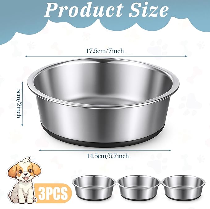 3 Pack Stainless Steel Dog Bowls, 64oz/3 Cups Silicone Base Anti-Slip Dog Metal Bowls, Food and Water Pet Bowls for Small, Medium Dogs and Cats, Dishwasher Safe