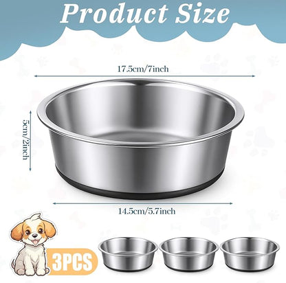 3 Pack Stainless Steel Dog Bowls, 64oz/3 Cups Silicone Base Anti-Slip Dog Metal Bowls, Food and Water Pet Bowls for Small, Medium Dogs and Cats, Dishwasher Safe