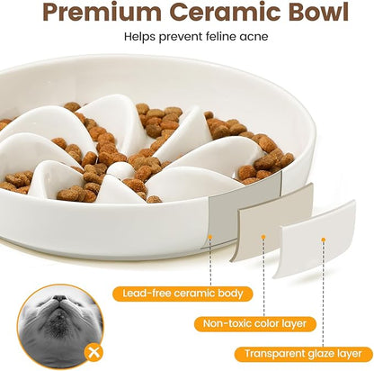 PETTOM Slow Feeder Cat Bowl with Stand, Ceramic Slow Eating Cat Bowl with Higher Edges, Elevated Cats Food Bowls for Dry and Wet Food Anti-Vomiting Puzzle Feeder for Healthy Eating Diet