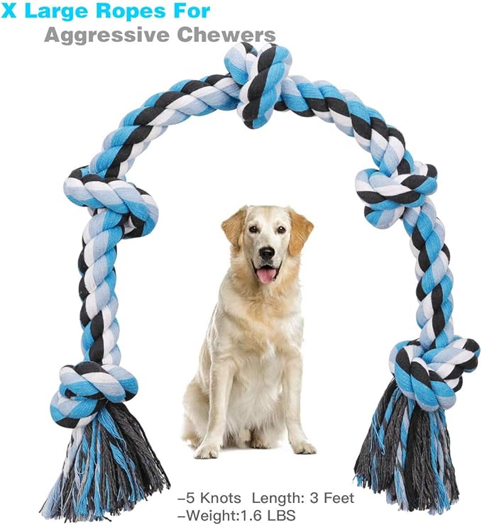 Bmag Dog Rope Toys for Aggressive Chewers, Interactive Heavy Duty Dog Toys for Medium Large Dogs, Tough Twisted Rope Toy with 5 Knots (Blud)