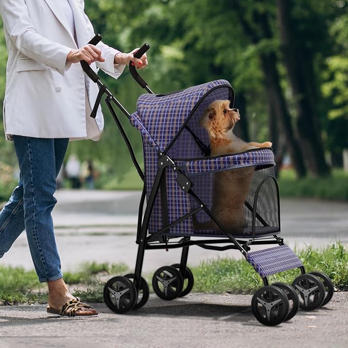 Dog Stroller for Small Dogs 10 lbs -22lbs Puppy Stroller Medium Dog Wagon Small Pet Stroller for Cats, Cat Strollers for 2 Cats, Rear Storage, Plaid