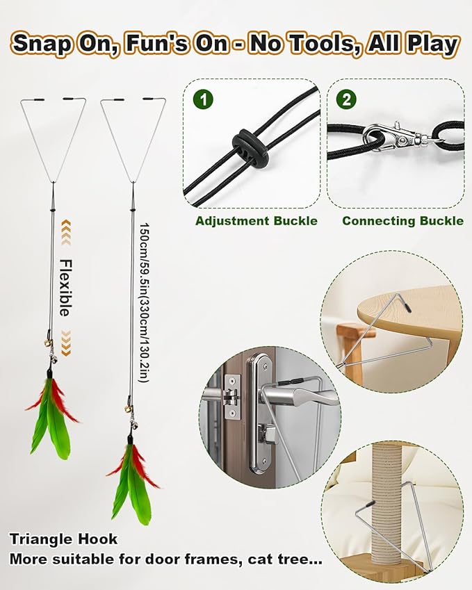 Cat Feather Toys, Enhanced Suction Cup Cat Toys, Interactive Cats Teaser Wand, 10pcs Fishing Pole Feathers Toy Replacements & 2pcs Bouncy Balls, 2 Types Door Hanging Cats String Toy