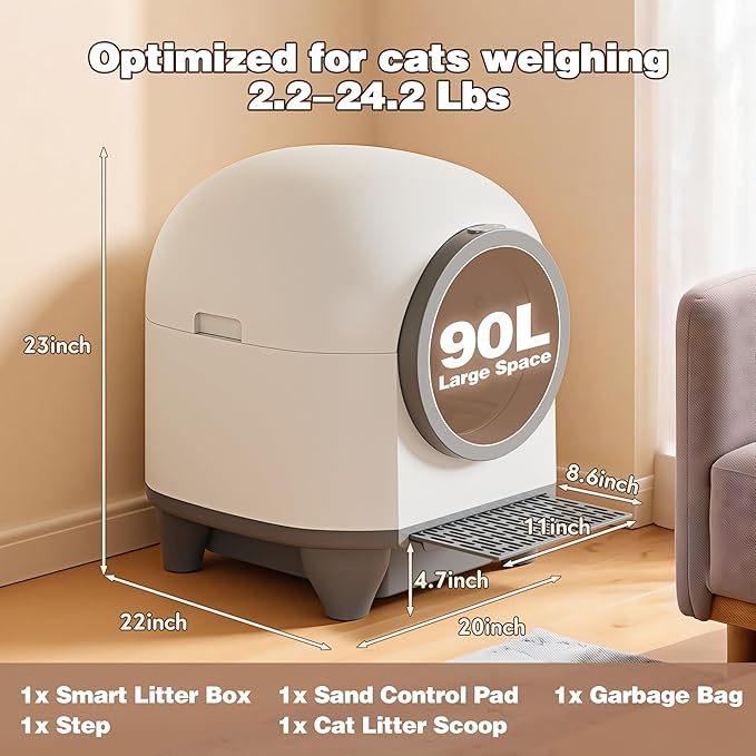 Greesum UltraSmart AutoClean Litter Box - 90L Large Capacity for Multi-Cat Households with Safeguard Tech, APP Control, Odor-Free Design & Mat/1 Roll Litter Bag