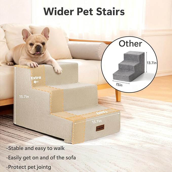Dog Stairs for Small Dogs, 3-Step Wider Pet Stairs for Couch and Beds, Non-Slip Dog Steps for Old Cats, Puppy, Small Medium Dogs,15.7" H,Beige