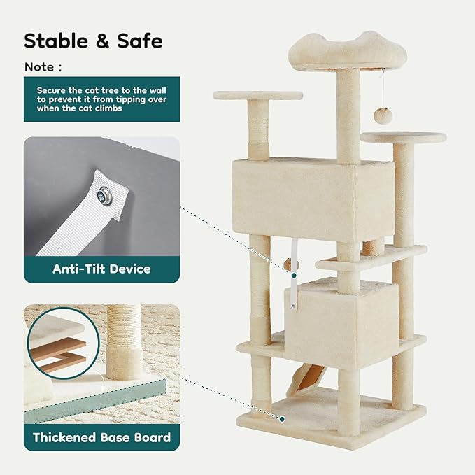 DUMOS 54-inch Indoor Cat Tree Tower –Multi-Level Pet House for Large Cats with 2 Condos, Scratching Posts, Round Platform, Small Ladder, and Toys, Beige