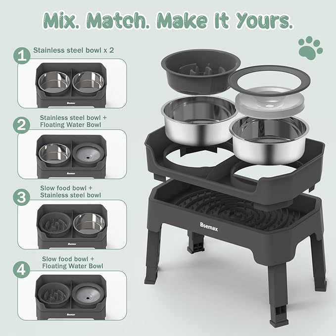 4 in 1 Adjustable Elevated Dog Bowls with 2*Stainless Steel Bowls, Anti-Spill Water Bowl, 4 Heights Raised Dog Bowl Stand for Small to Medium & Growing Large Puppies, Anti-Slip, Mess Proof Design