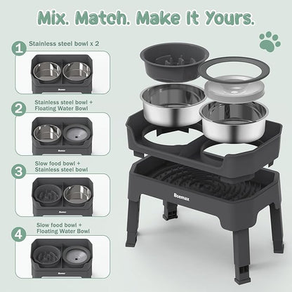 4 in 1 Adjustable Elevated Dog Bowls with 2*Stainless Steel Bowls, Anti-Spill Water Bowl, 4 Heights Raised Dog Bowl Stand for Small to Medium & Growing Large Puppies, Anti-Slip, Mess Proof Design