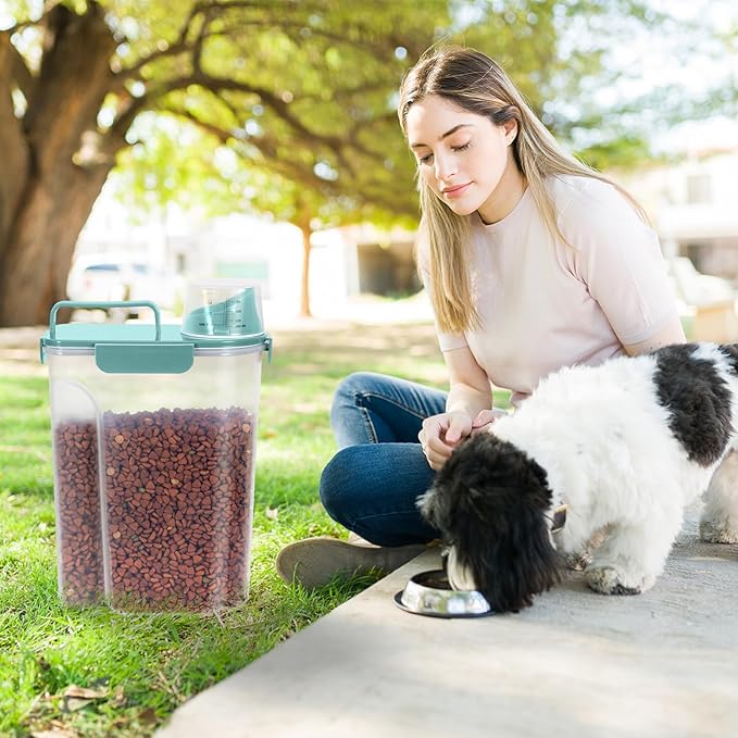 5-7Lbs Dog Cat Food Storage Container with Upgraded Large Nozzle BPA-free, 4 Snap Seals Plastic Pet Food Storage Containers with Handles (Elegant Blue, 5L-2pack)