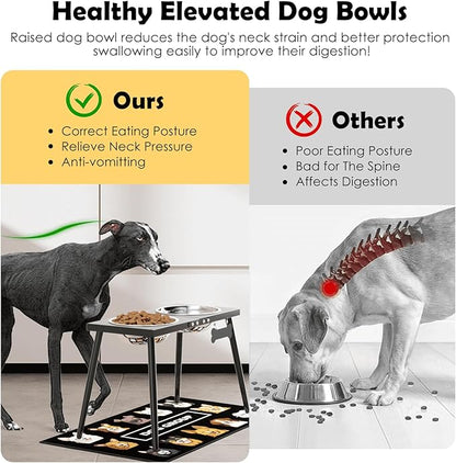 Metal Raised Dog Bowl Stand for Extra Large & Large, Dogs Food & Water Bowls 15" Tall,with Sprill Proof Mat, Raised Stand (70OZ-Stainless Steel Dog Bowls, Mat-20x31)