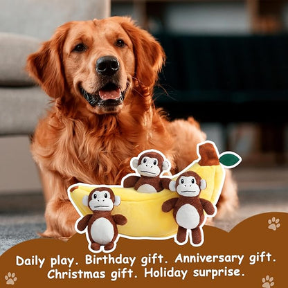 Hollypet Squeaky Dog Toy, Interactive Plush Hide and Seek Dog Toys for Small Medium Sized Dogs and Non-Aggressive Chewers, Puppy Teeth Clean Chew Toys, Banana and Monkeys