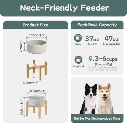 Ceramic Raised Dog Bowl Set, Elevated with Stand, Food and Water Bowl for Medium Breed Dogs, Weighted Dog Dishes, Pet Bowl(7.3'',41OZ, Grey)