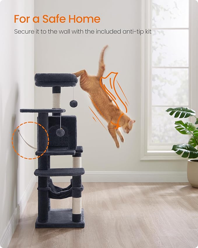 Feandrea Cat Tree, 44.1-Inch Cat Tower, Plush Multi-Level Condo with 4 Scratching Posts, 2 Perches, Hammock, Cave, Smoky Gray UPCT261G01