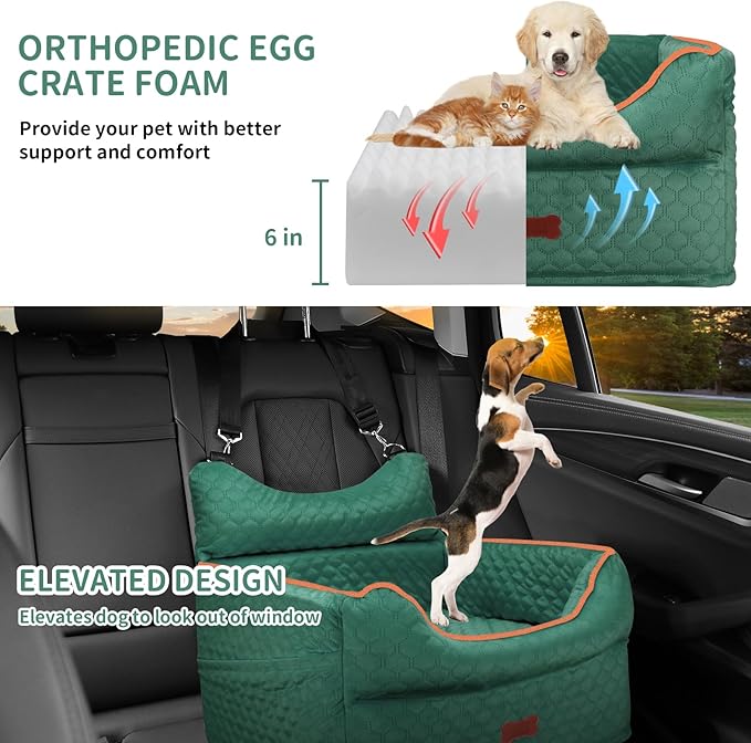 Dog Car Seat - Memory Foam Dog Booster Seats for Small Dogs Up to 25lbs-Elevated Pet Car Seat with Storage Pockets and Dogs Seat Belt-Pet Travel Bed for Front & Back Seats-Removable Washable-Green