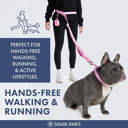 Spark Paws Handsfree Dog Leash – Shock Absorbing Waist Bungee Lead for Running, Car Seatbelt Clip & Poop Bag Set, Heavy Duty Tactical Lead for Medium, Large & X-Large Breeds - Pink