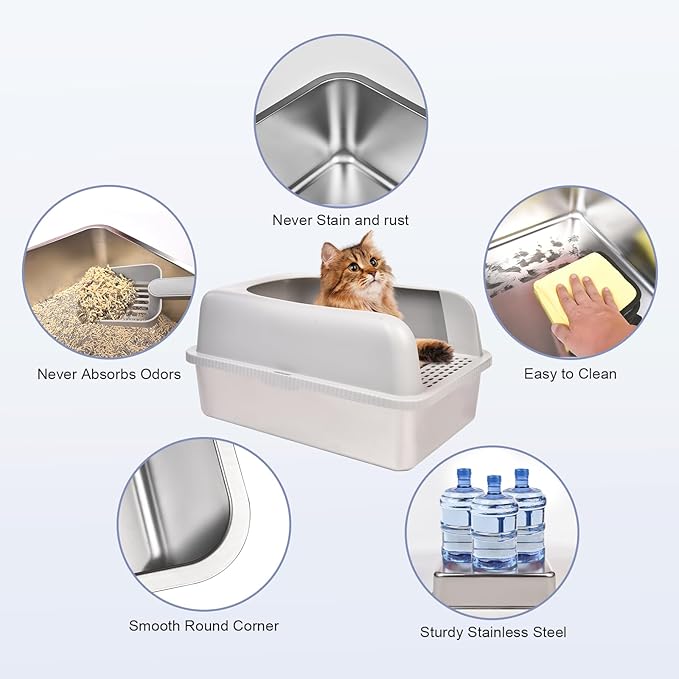 Henkelion 2 Pack Stainless Steel Cat Litter Box with Lid, 20" L x 14.2" W x 11.8" H, Extra Large Litter Box for Big Cats with High Sided, Anti-Urine Leakage, Easy Cleaning, Include Cat Mat and Scoop