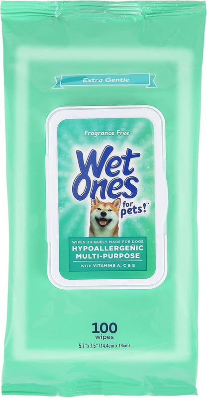 Wet Ones for Pets Hypoallergenic Multipurpose Dog Wipes with Vitamins A, C & E - No Fragrance Pet Wipes for Dogs with Wet Lock Seal, 100 Count