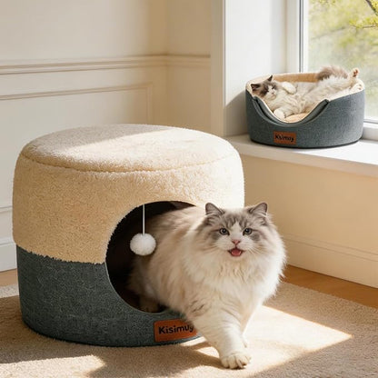 Cat Cave Bed for Indoor Cats, 2-in-1 Convertible Cat House & Lounge with Reversible Plush Cushion – Calming Anti-Anxiety Anti-Slip Pet Bed for Small Dogs & Kittens, Cozy Hideaway Tent, 19.7 inches