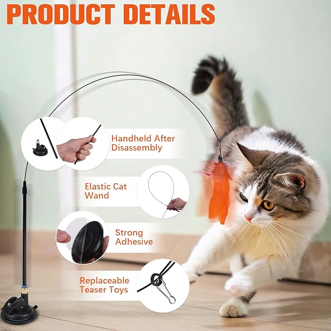 PAWCHIE Cat Wand Toy,19 Pcs Interactive Cat Feather Toy,Reusable Suction Cup Cat Bird Simulation Toy Set,Self Play Cat Kitten Toys for Indoor Play Exercise，Hanging String and Mouse Toy