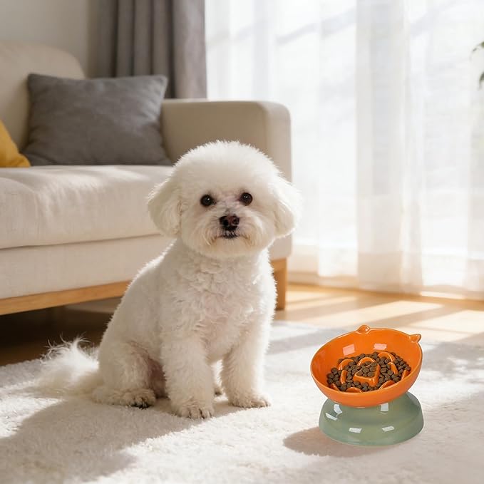 Ceramic Slow Feeder Dog Bowl, Elevated Maze Food Dish with Heavy Base, Anti Choking & Reduce Bloating, Raised Feeding Bowl for Small Medium Dogs (Orange)