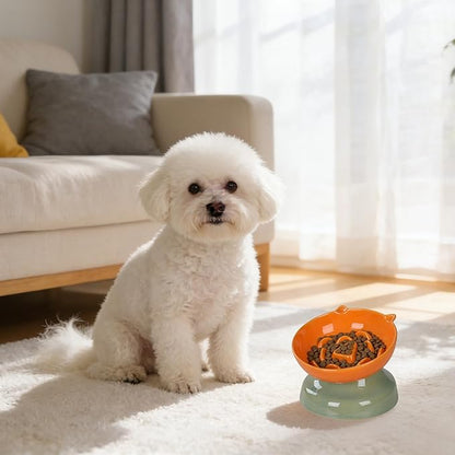 Ceramic Slow Feeder Dog Bowl, Elevated Maze Food Dish with Heavy Base, Anti Choking & Reduce Bloating, Raised Feeding Bowl for Small Medium Dogs (Orange)