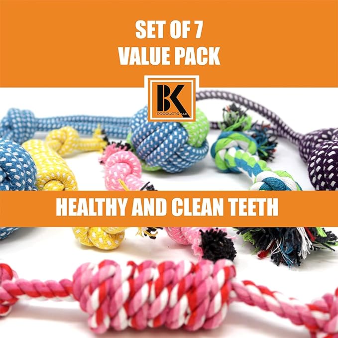 BK PRODUCTS LLC 7 Dog Chew Toys Made of All-Natural Cotton for Small Breeds and Puppies – Dog Rope Toy Set Stimulates Gums, Helps Fight Plaque and Relieves Boredom and Separation Anxiety