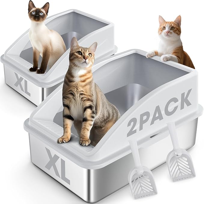 2 Pack Stainless Steel Litter Box | XL Enclosed Cat Litter Boxes with Lid for Big Cats and Multi-Cats | High Sided, Anti-Urine Leakage | Non-Stick Bottom（Silver Gray）