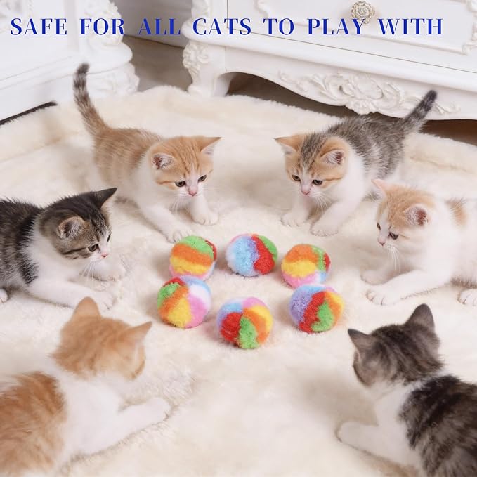 30 Pcs Soft Plush Cat Ball, 1.8 inch Rainbow Colorful Kitty Fuzzy Puff Pom Pom Balls Fun Kitten Quiet Play Kicker Exercise Chasing Toys for Pet Interactive