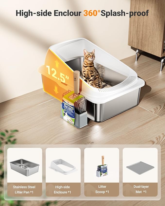2 Pack Stainless Steel Cat Litter Box with High Sides Lid, XL Extra Large Metal Litter Box for Large Kitty and Multi-Cats, Anti-Urine Leakage, Non-Sticky, Include Scoop and Mat (Black＆White)