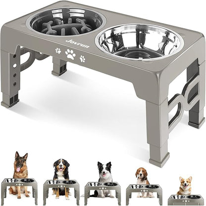 Elevated Dog Bowls for Medium Large Size Dogs, Non-Slip Dog Feeder with 1*Stainless Steel Dishes & 1*Slow Feeder Bowl, 5 Heights Adjustable Raised Bowls to 3.15″-8.66″-9.84″-11.02″-12.2″