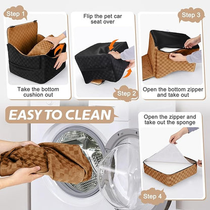 JOEJOY Elevated Dog Car Seat for Small/Medium Dogs up to 35 lbs, Memory Foam Booster Seat with Detachable Washable Cover, Travel-Safe Car Bed with Safety Belts & Storage Pockets, Brown