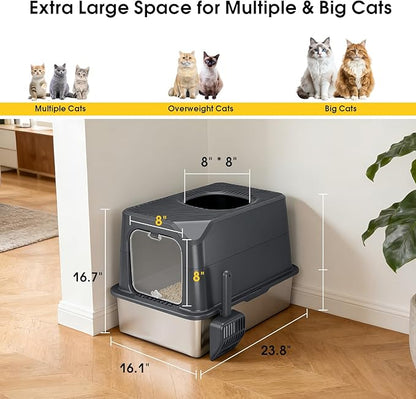 Large Stainless Steel Cat Litter Box with Lid - Odor-Resistant & Enclosed Design, Anti-Leakage & Non-Sticky Surface for Easy Cleaning (Gray)